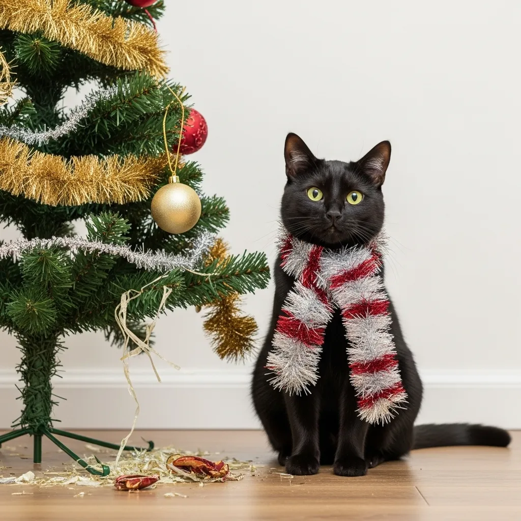 naughty cat meme 2025 - cat destroyed Christmas tree and regrets nothing