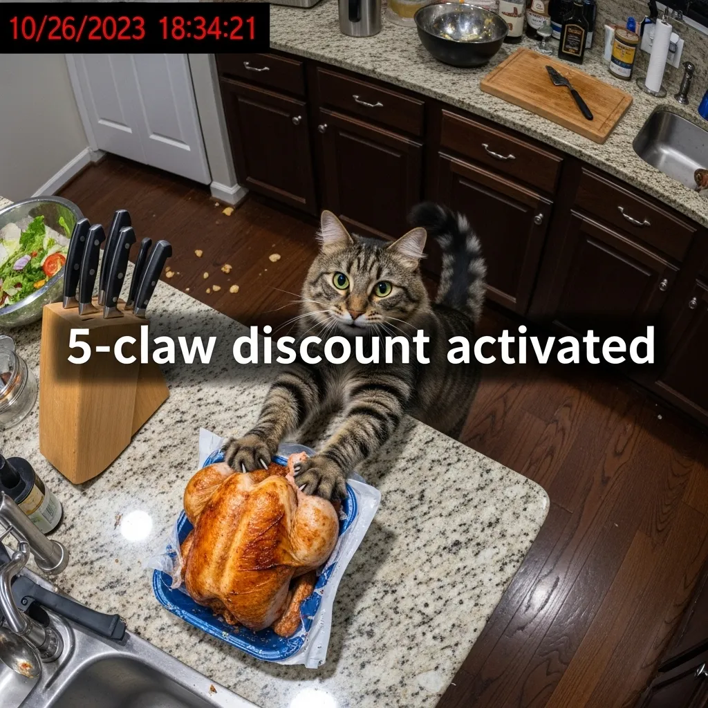 cat stealing food meme 2025 - rotisserie chicken heist caught on camera