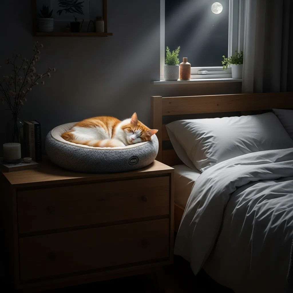 Cat sleeping happily in alternative heated bed instead of human bed