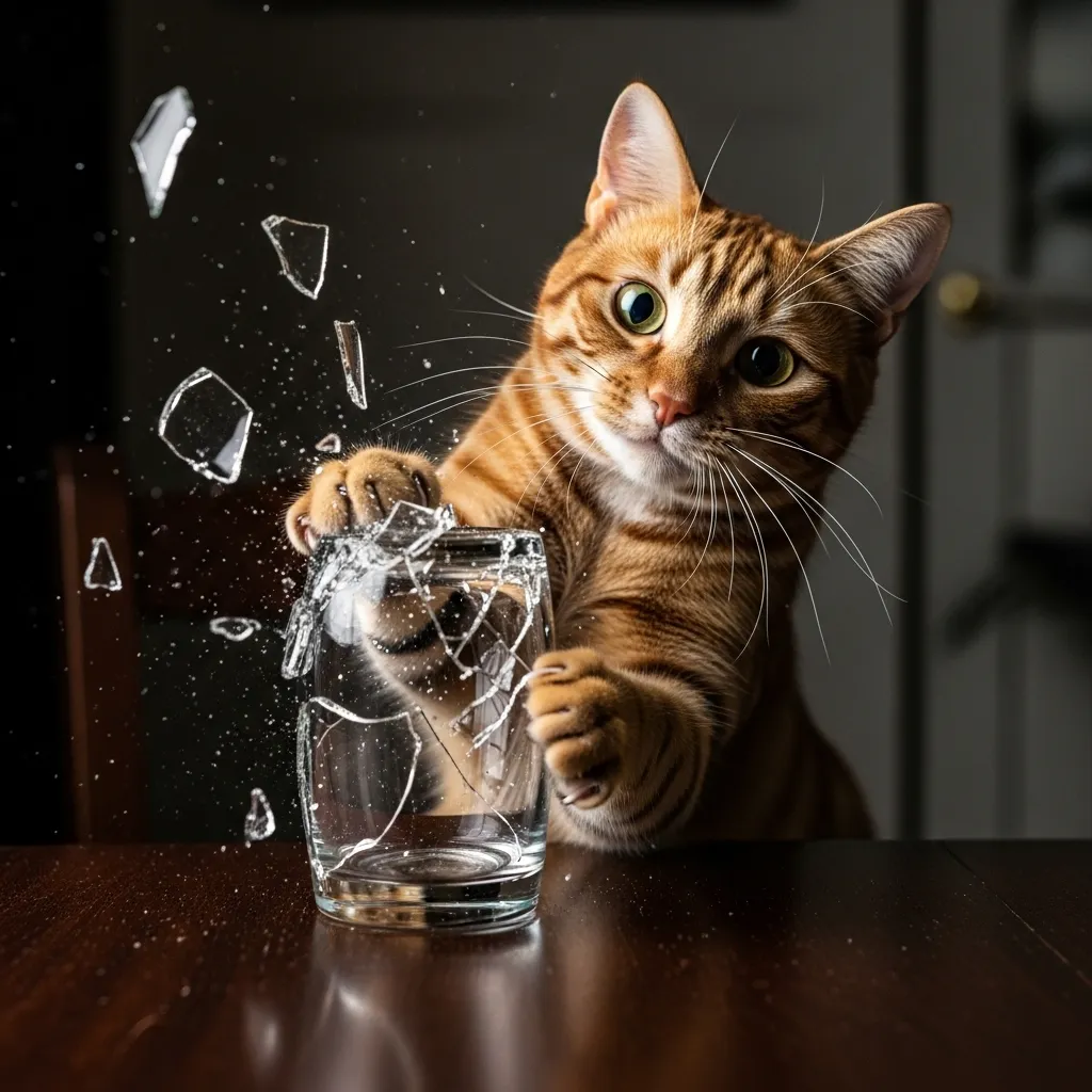 cat knocking things over meme - intentional glass push with eye contact