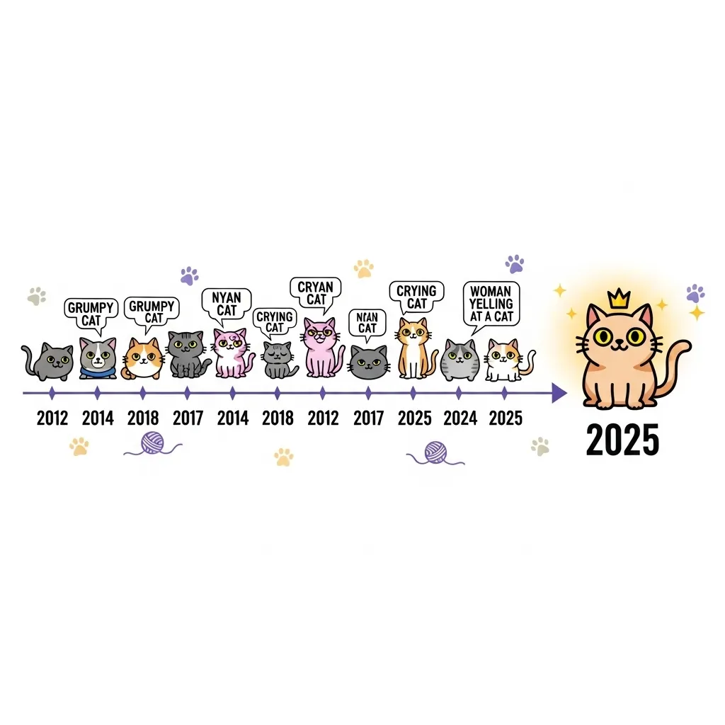 Cat drama meme evolution timeline 2012–2025 with Grumpy Cat, Smudge, and telenovela cats