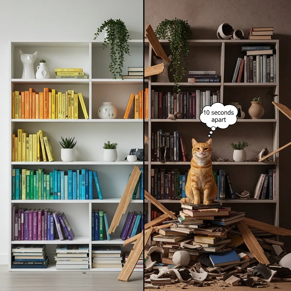 cat knocking things over before and after meme 2025
