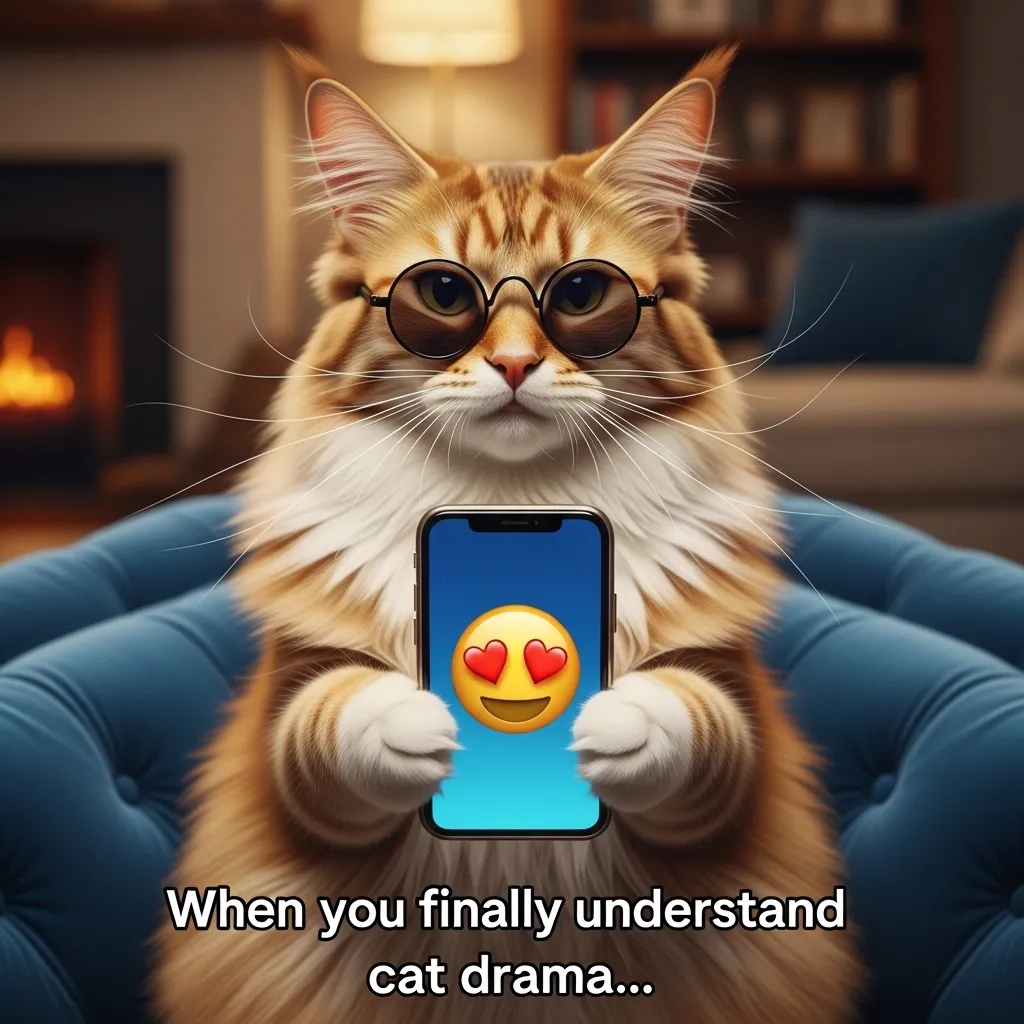 Cat obsessed with phone full of dramatic cat memes 2025