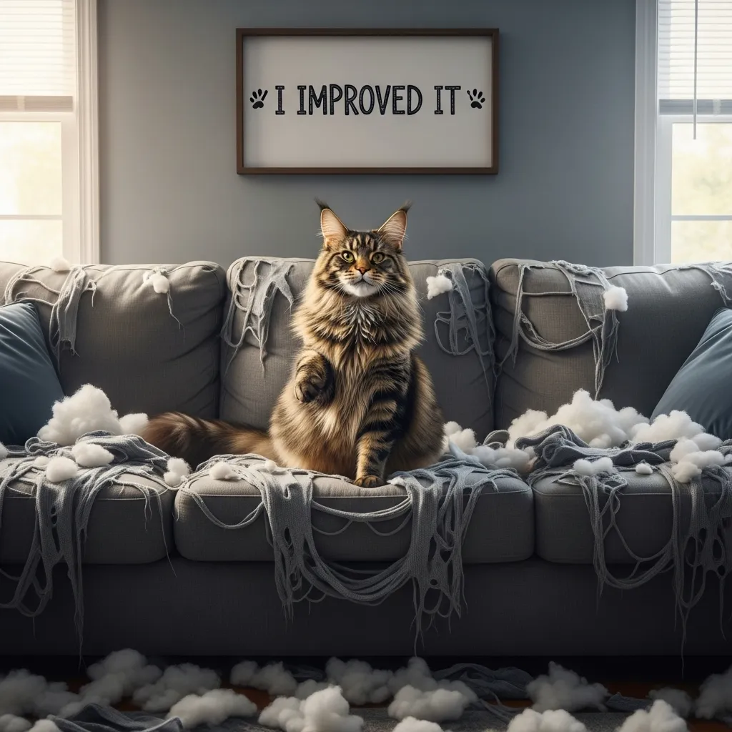 cat destroying couch meme 2025 - satisfied Maine Coon on shredded throne