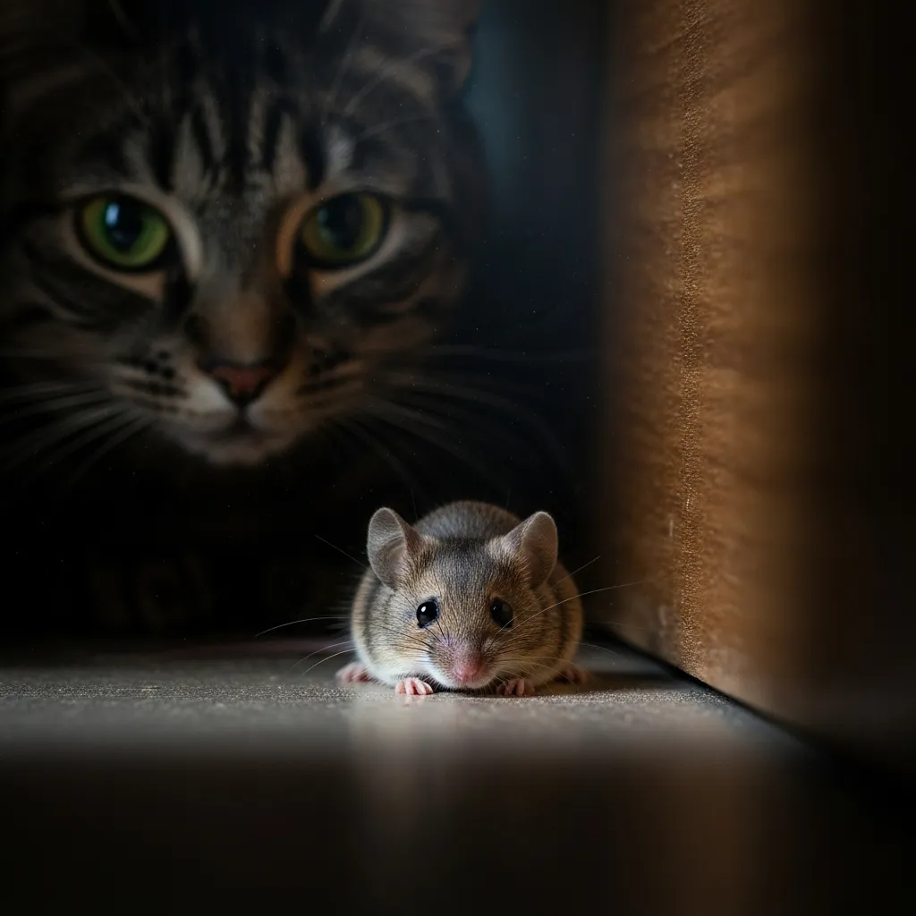 Mouse hiding from cat behind kitchen cabinet – real cat-and-mouse tension at home