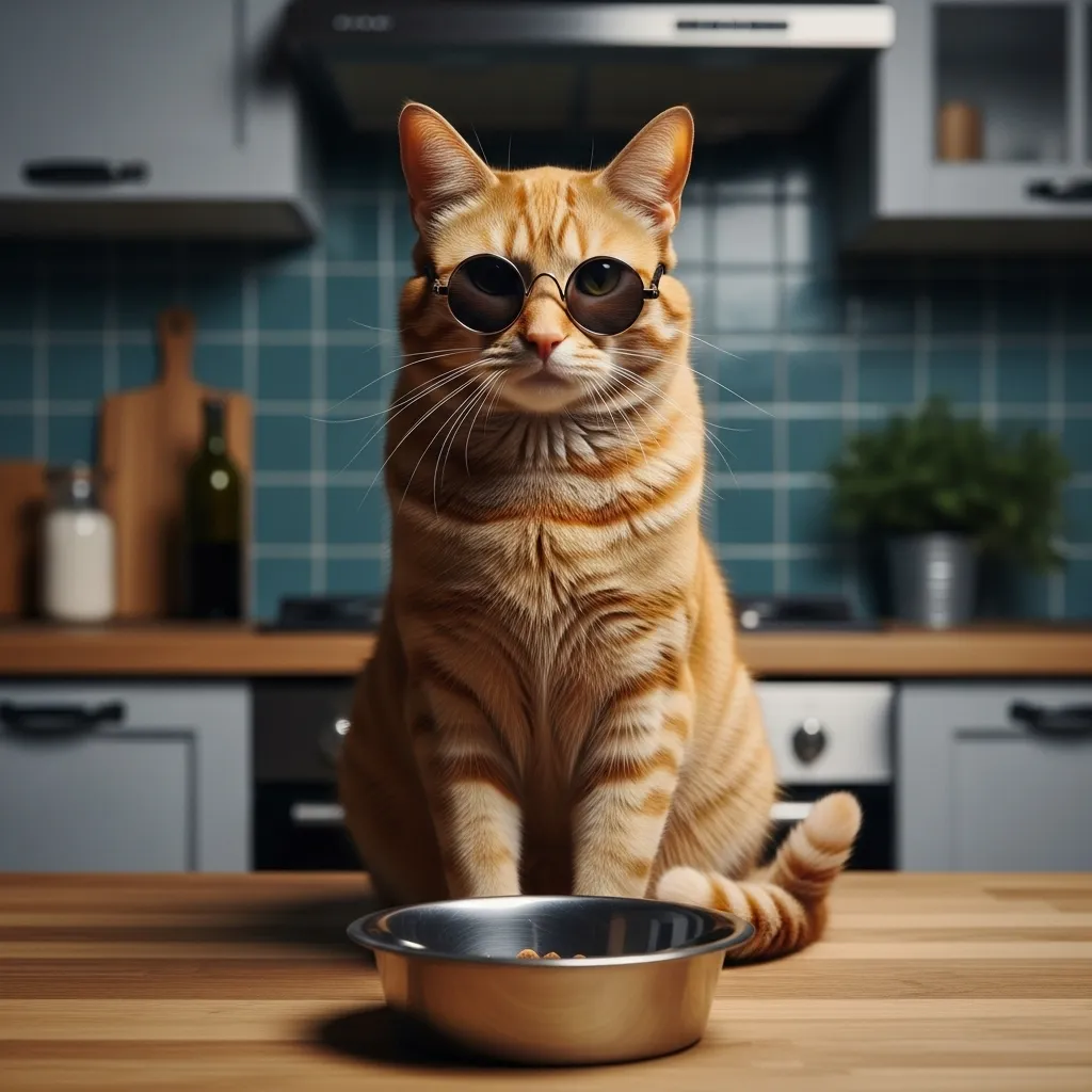 Daily Cat Memes 1 Photorealistic orange tabby wearing tiny black sunglasses, sitting dramatically in front of empty metal food bowl, kitchen background, cinematic lighting, 16:9