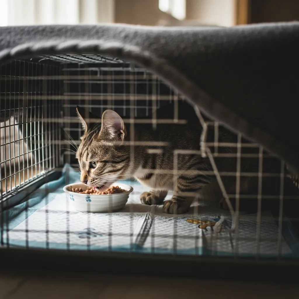 Feral cat recovering safely in covered trap after spay surgery