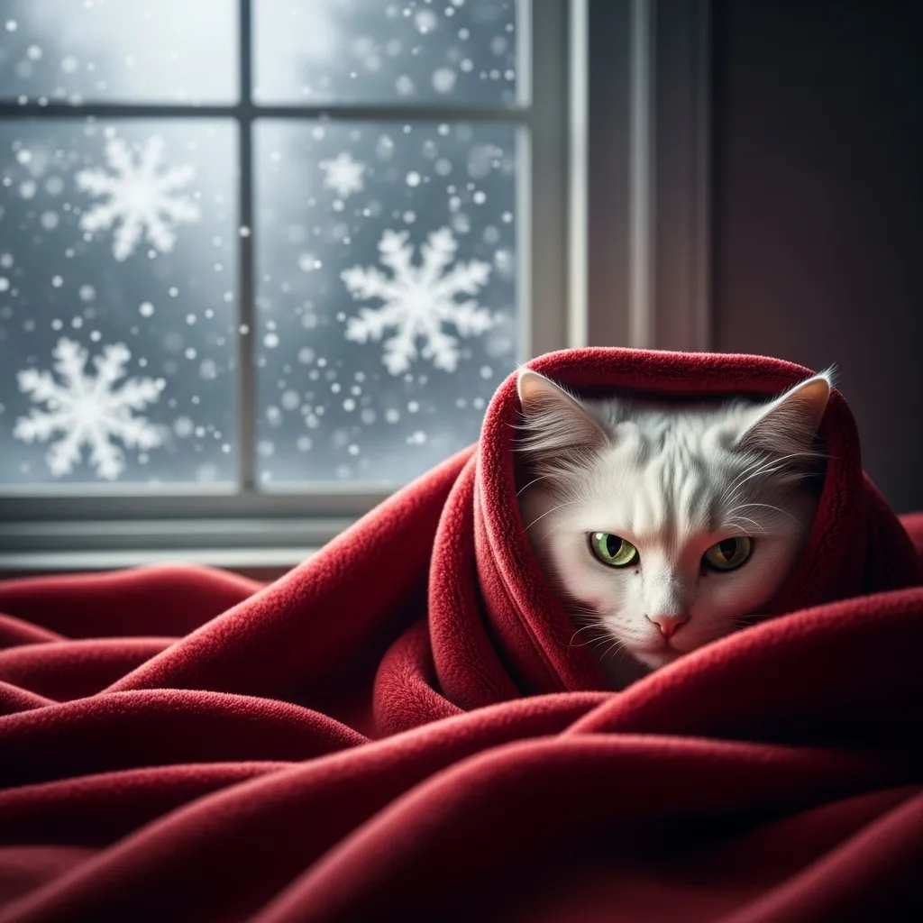 Angry cat in blanket meme staring at snow like it owes him money - cozy cat vibes 2025