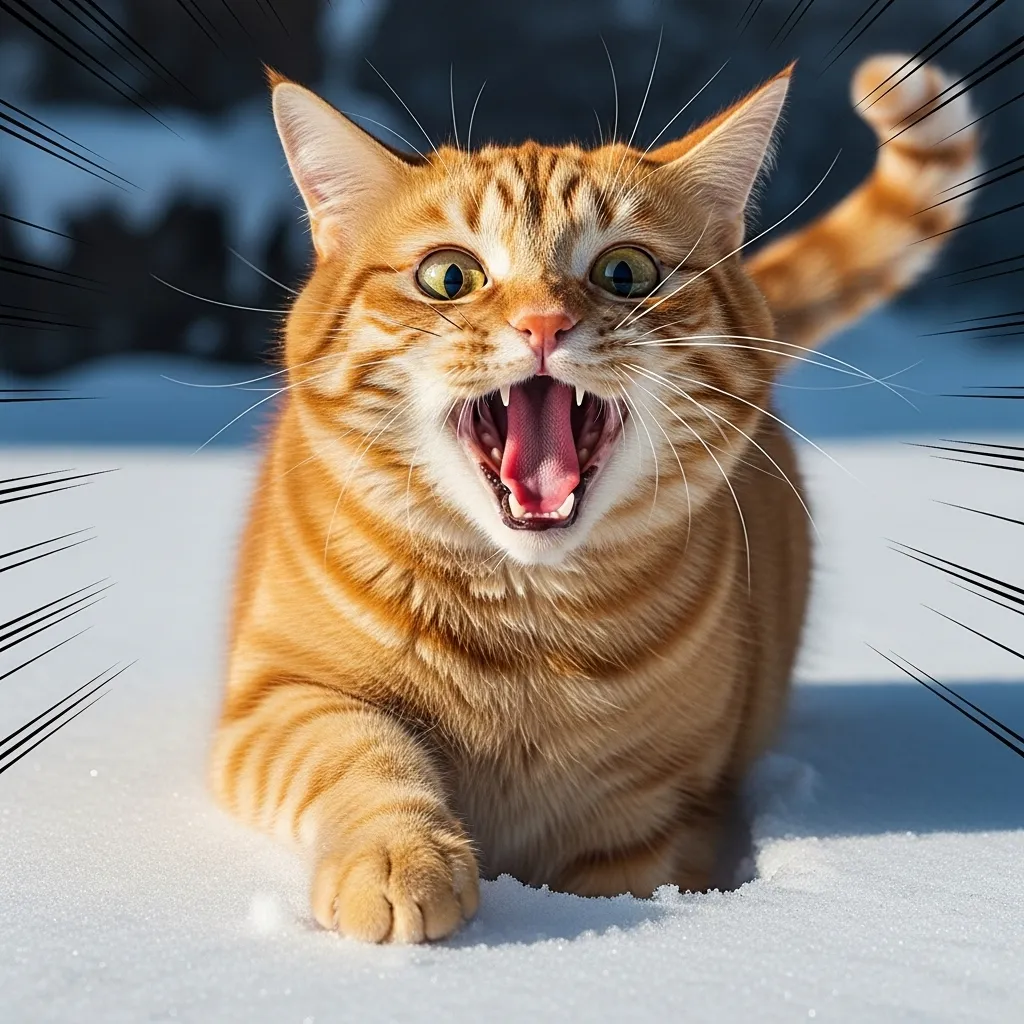 "Funny winter cat meme: orange cat screaming after touching snow 2025