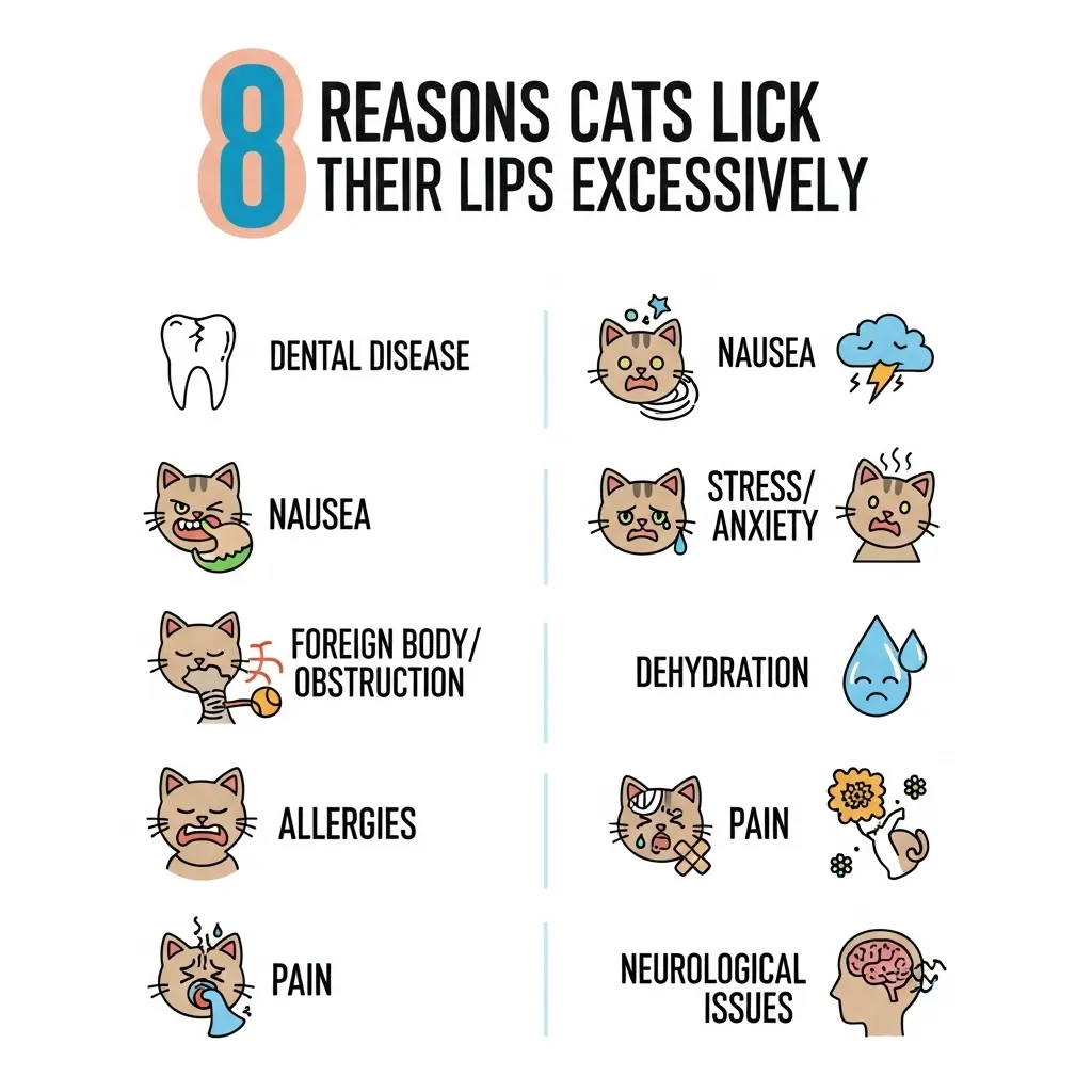 Why Does My Cat Keep Licking His Lips 2 Infographic showing the 8 most common reasons for excessive cat lip licking
