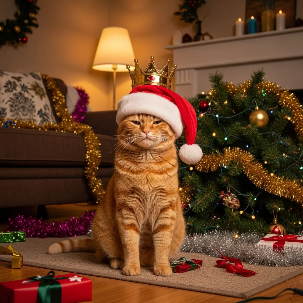 Viral 2025 cat destroying Christmas tree meme - orange tabby wearing Santa hat on top of fallen tree