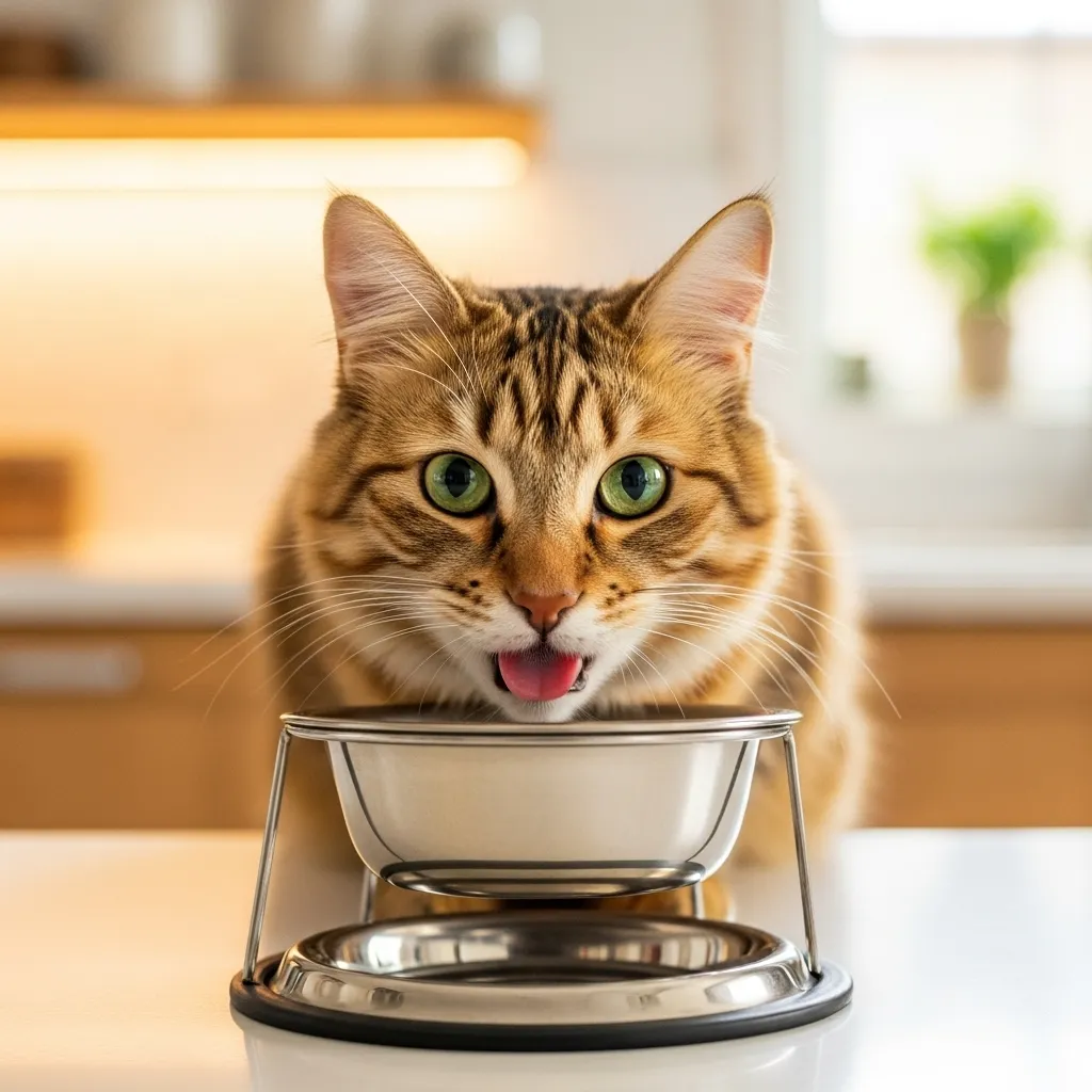 Cat enjoying ant-free meal from elevated moat bowl – peaceful feeding time