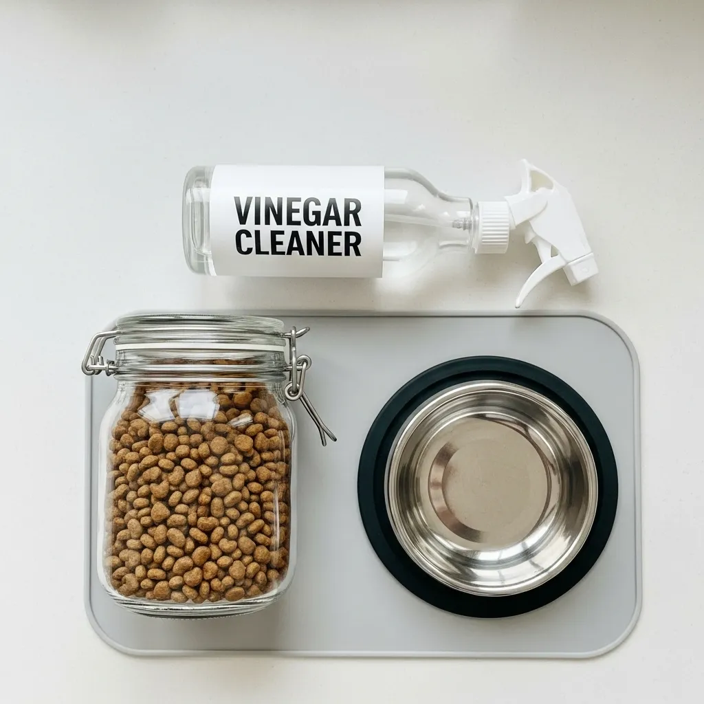 Clean cat feeding station with airtight storage and natural cleaner