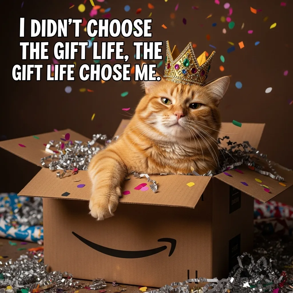 Viral cat gift meme 2025 – orange cat claiming gift box throne