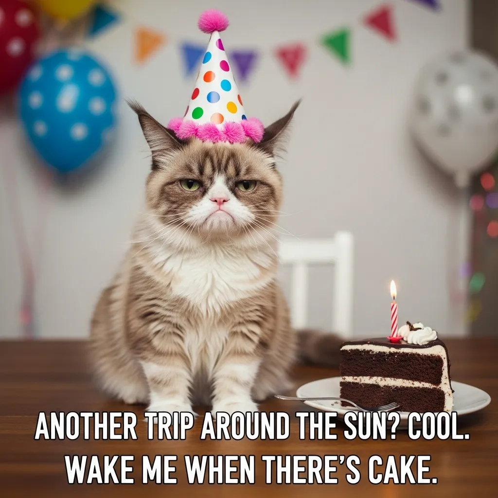 Cat birthday meme 2025 – grumpy cat hating celebrations