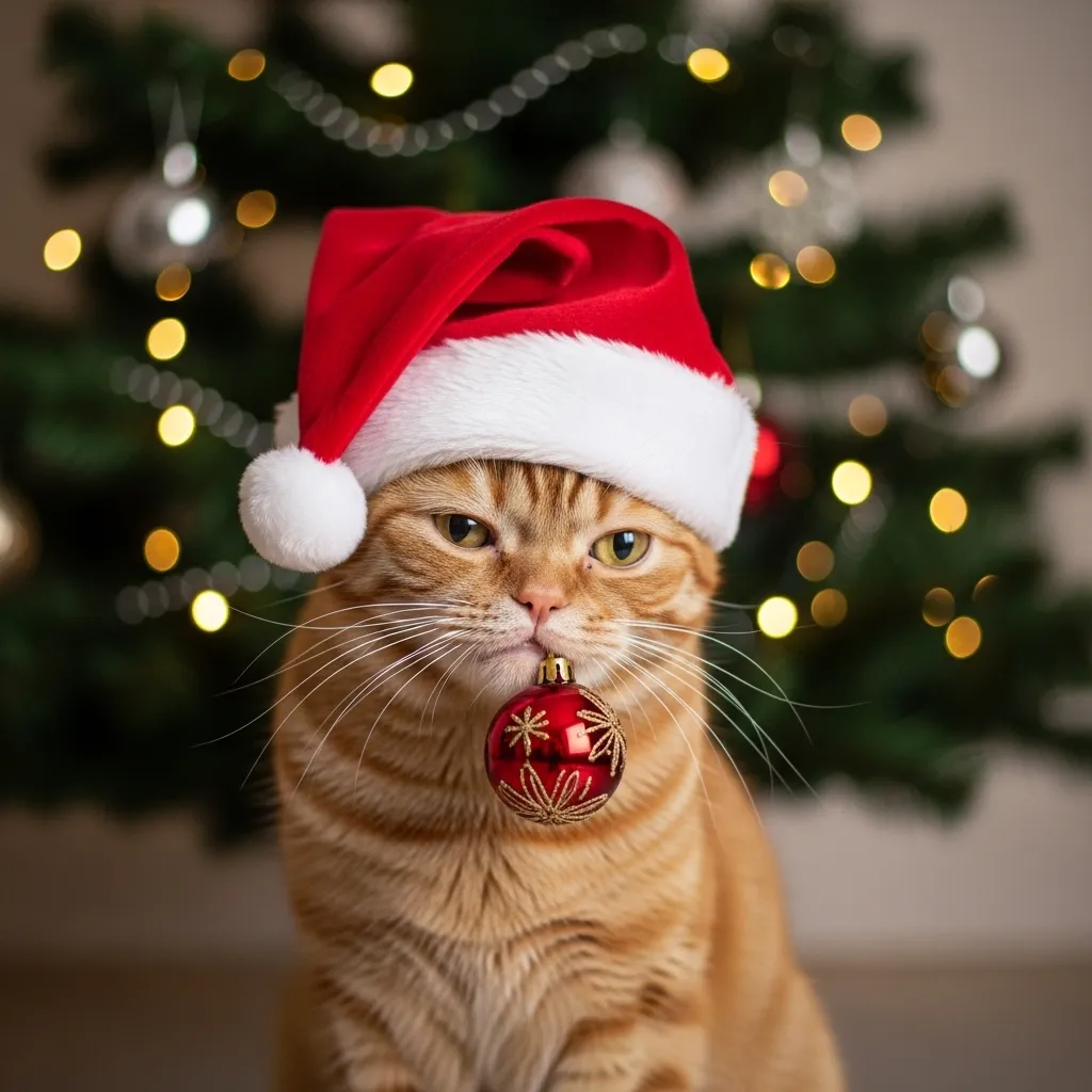 funny cat in Santa hat knocking over Christmas tree – viral cat Christmas hat meme 2025