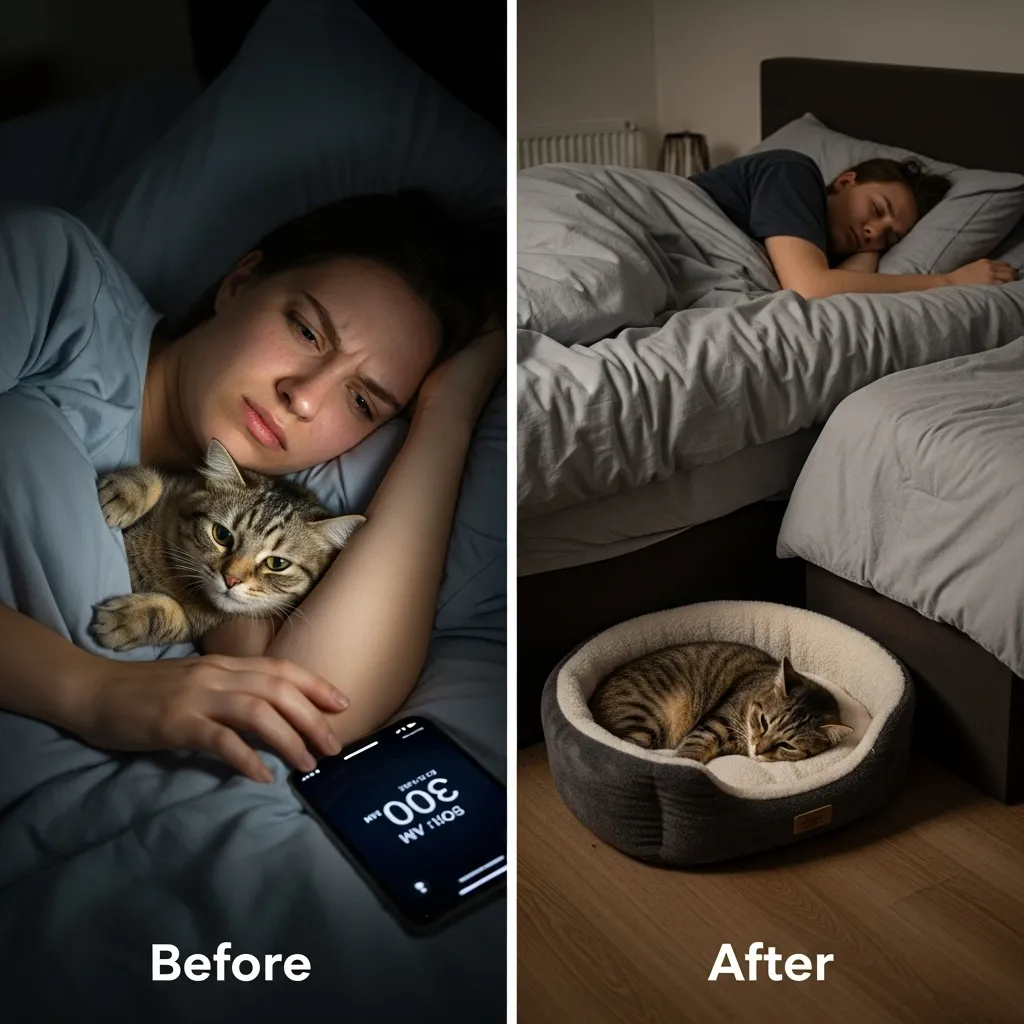 Life before and after successfully training cat to sleep in own bed