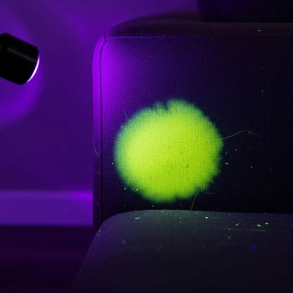 Cat urine glowing under UV blacklight on the side of upholstered furniture