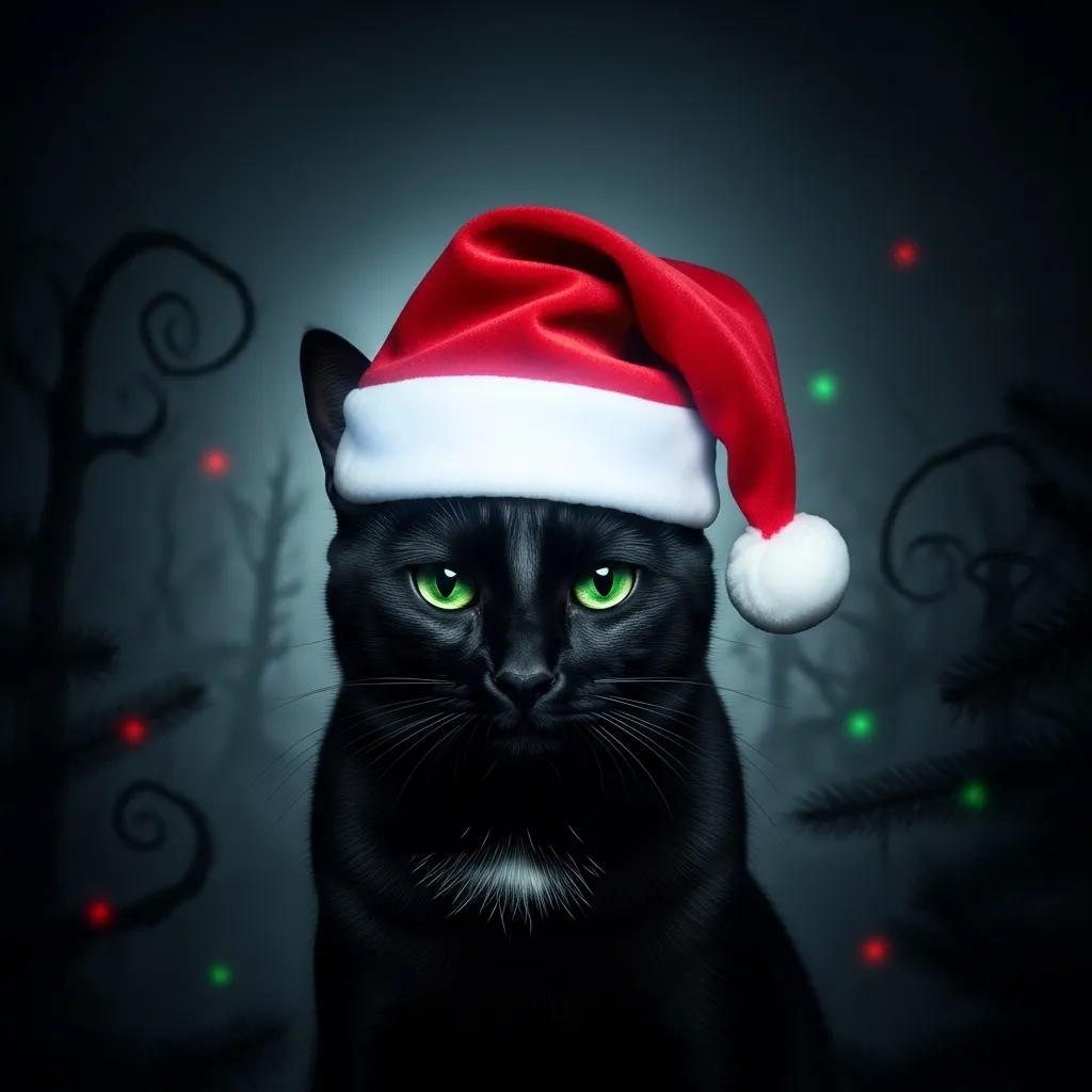 viral Christmas cat hat meme 2025 – scary black cat in Santa hat