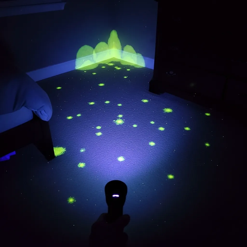 UV blacklight revealing hidden cat urine stains on carpet and walls in a dark room