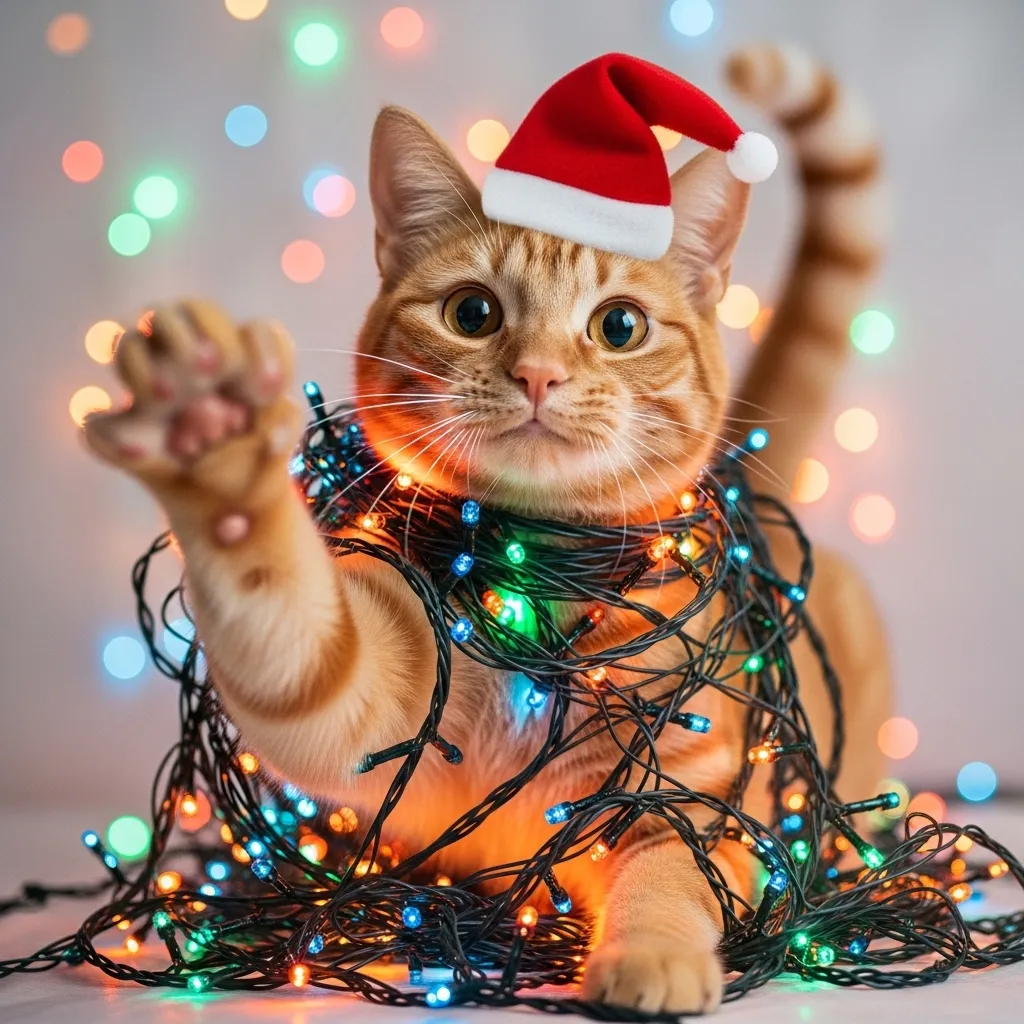 orange cat Christmas hat meme 2025 – chaotic holiday kitty wrapped in lights