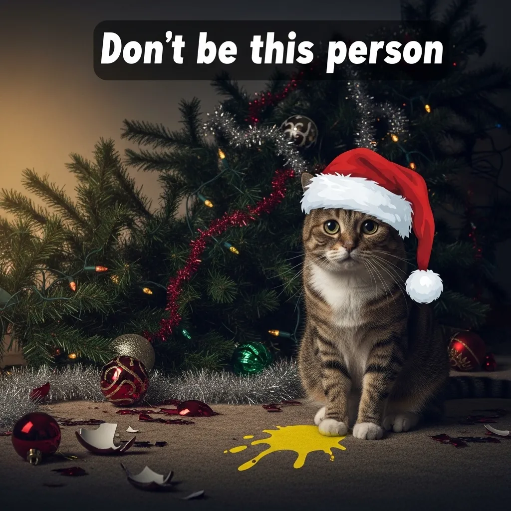 what happens when you force cat Christmas hat meme – stress peeing warning