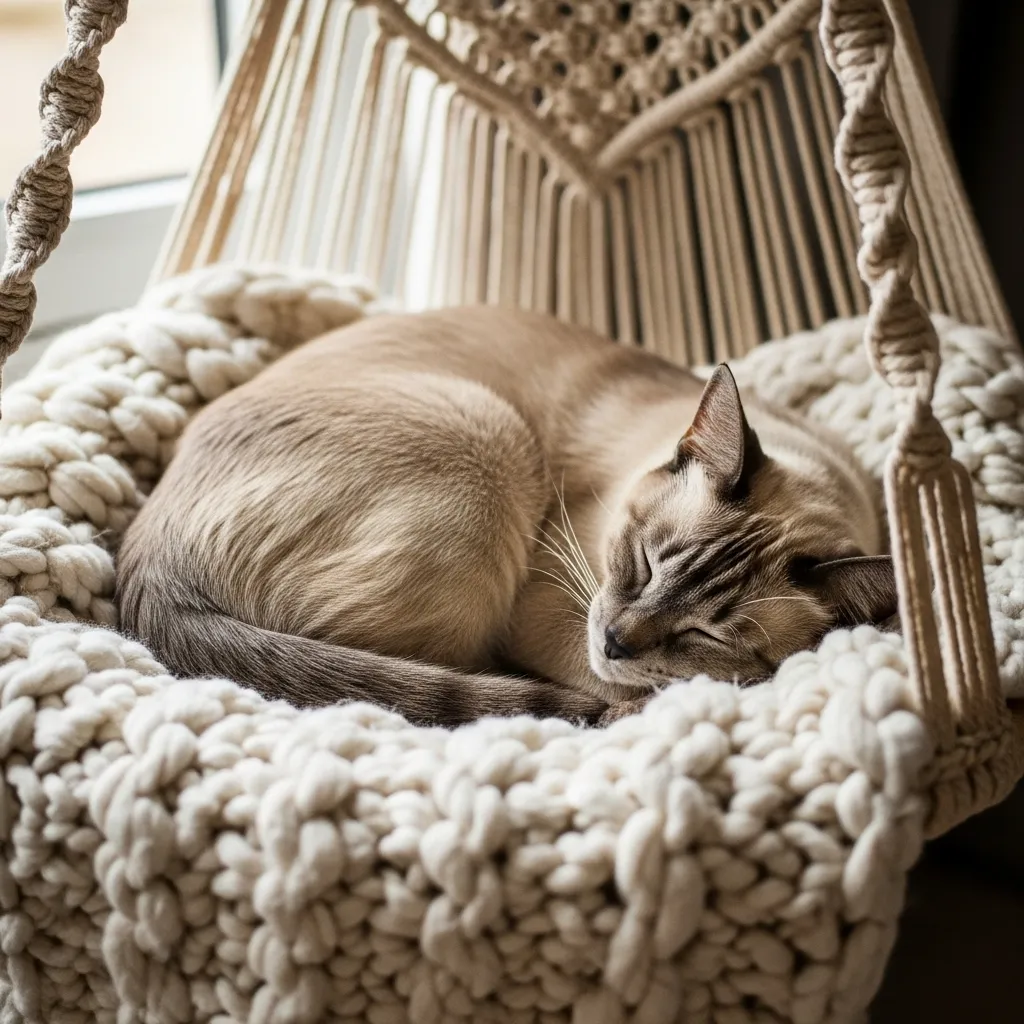 Mocha beige cat napping peacefully in perfectly matched cream cat hammock showing how neutral spaces reduce stress.