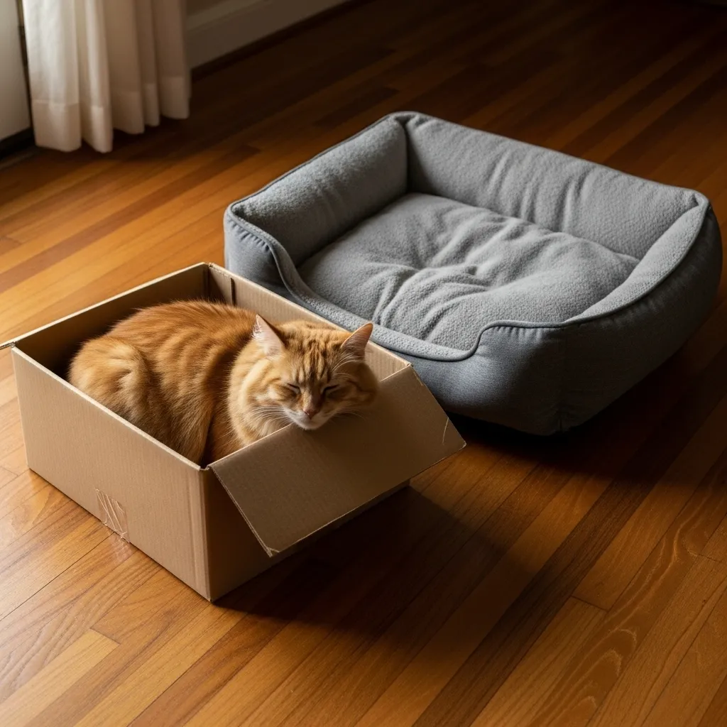  Cat ignoring expensive orthopedic bed and sleeping in cardboard box instead bought