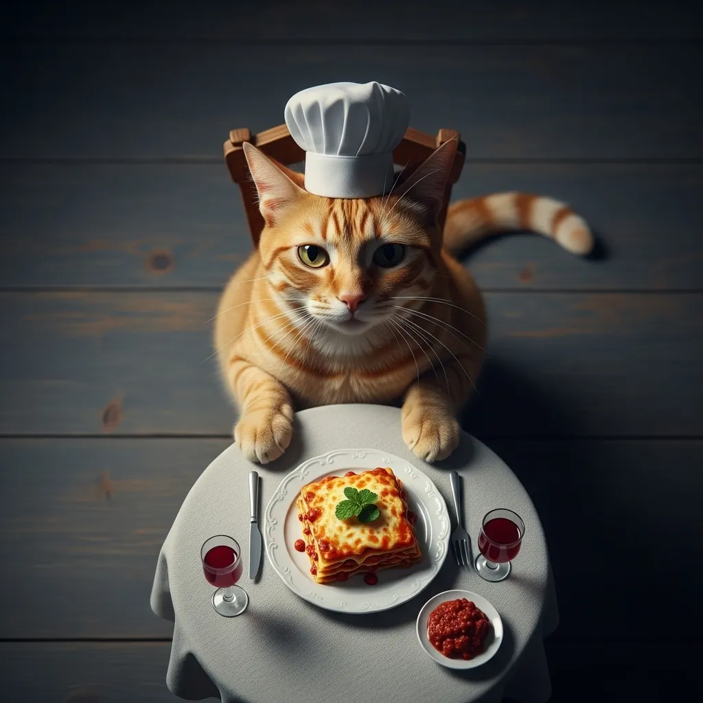 funny cat eating meme – orange tabby judging lasagna like a Michelin inspector