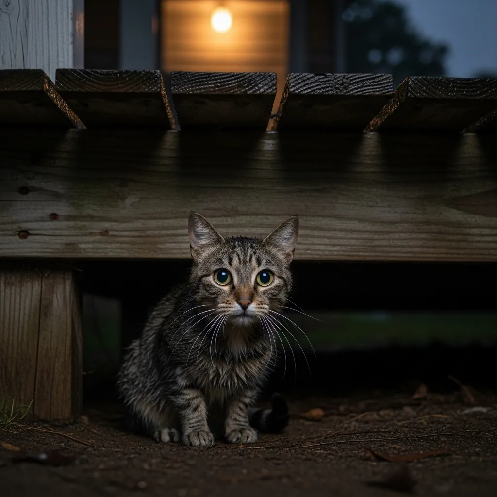 Scared indoor cat hiding under porch after escaping  typical lost cat behavior