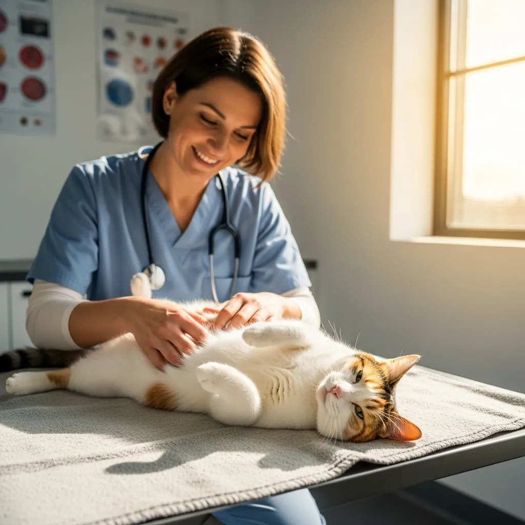 How Far Along Can a Cat Have an Abortion 1 Veterinarian gently examining pregnant cat during consultation about pregnancy termination options Far Along