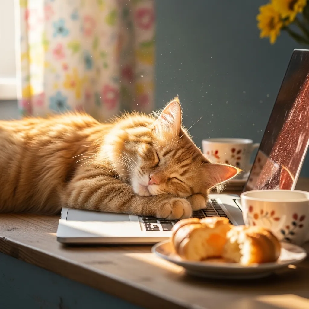Orange tabby cat relaxing on laptop perfect metaphor for browsing Cat Bloom Haven comfortably