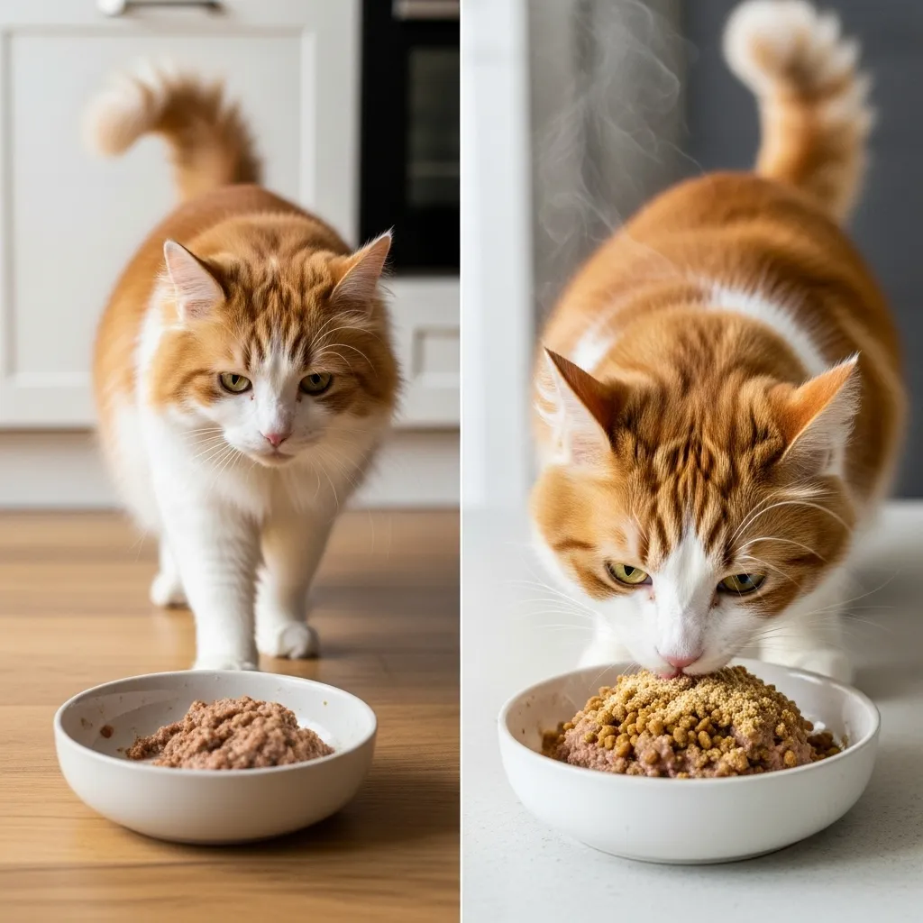 Dramatic before-and-after of cat finally eating wet food after warming and topping trick