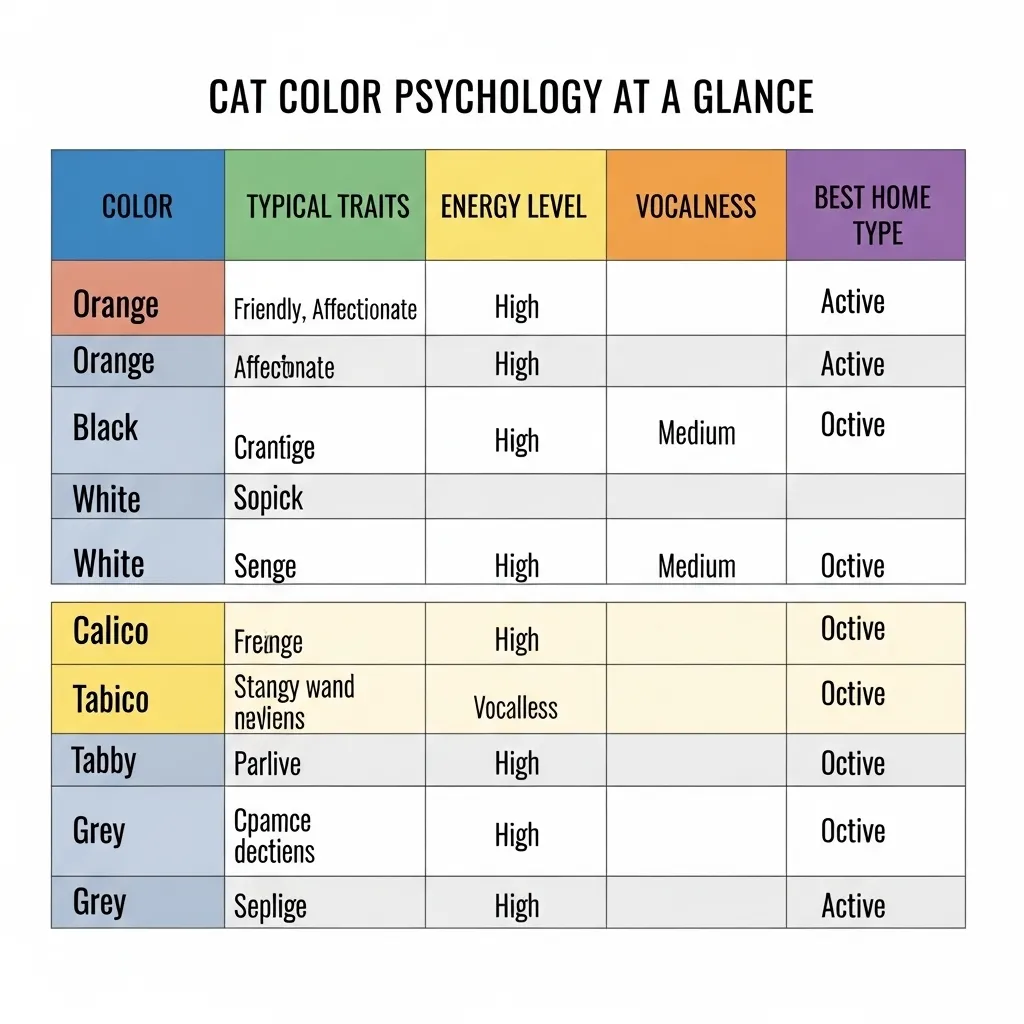 Cat color psychology comparison chart – orange, black, tortie, gray, white, tabby, and pointed cats