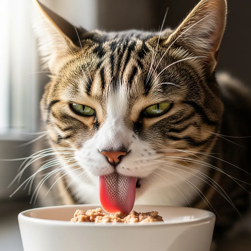 Cat happily eating wet food after successful transition