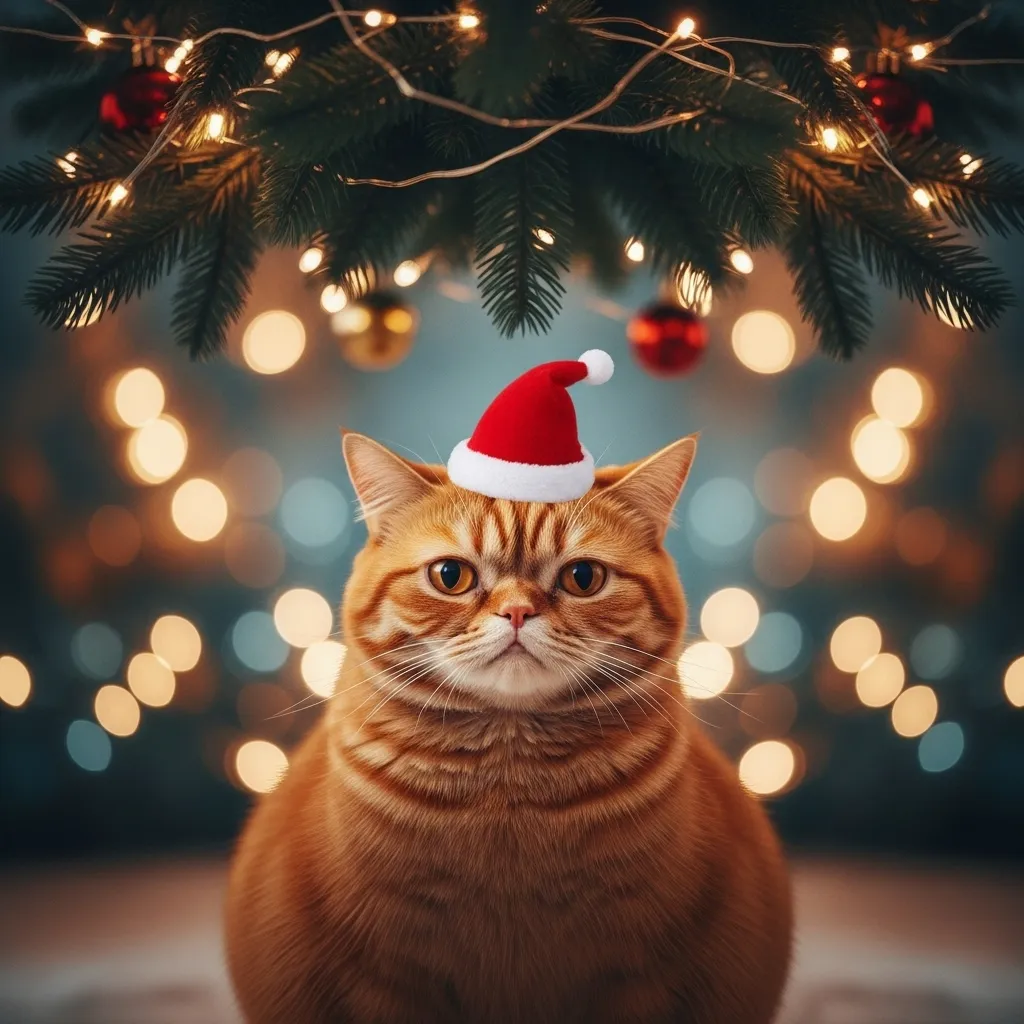 funny cat holiday photo meme 2025 - orange tabby in upside down Christmas tree wearing santa hat
