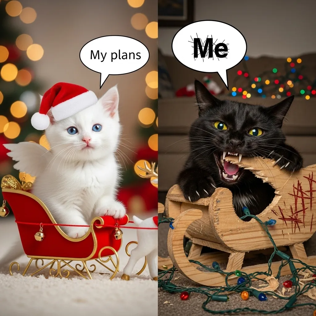 cat holiday meme 2025 expectation vs reality Christmas sleigh disaster
