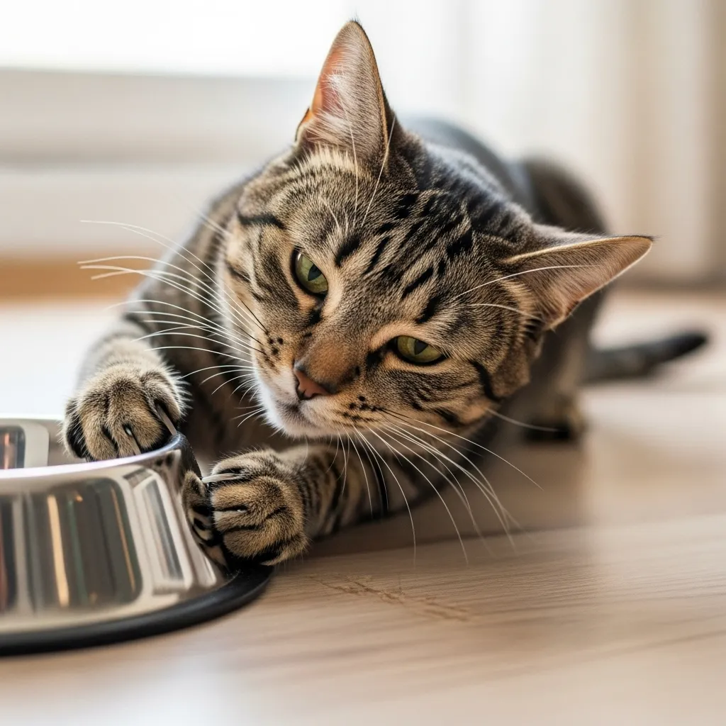 Cat scratching floor around food bowl – classic instinctive burying behavior