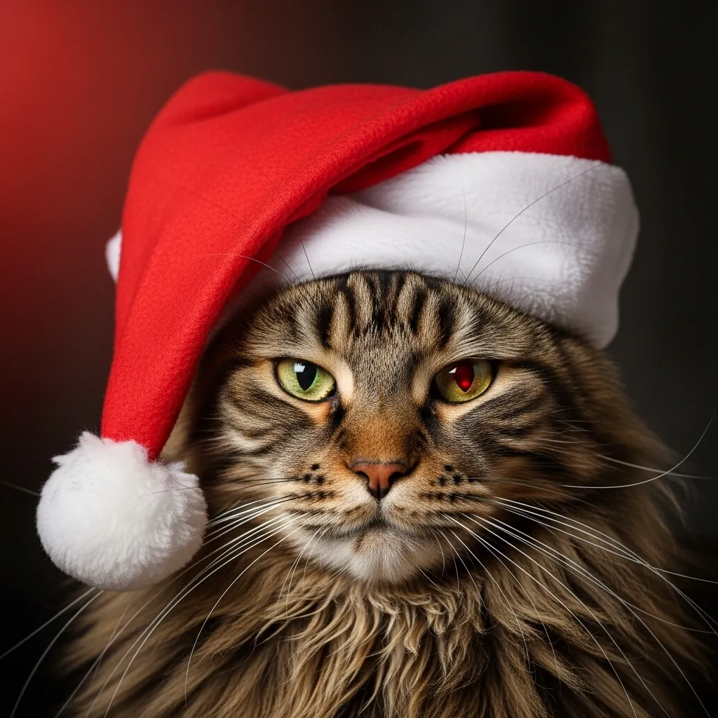 santa cat meme 2025 - Maine coon wearing santa hat backwards