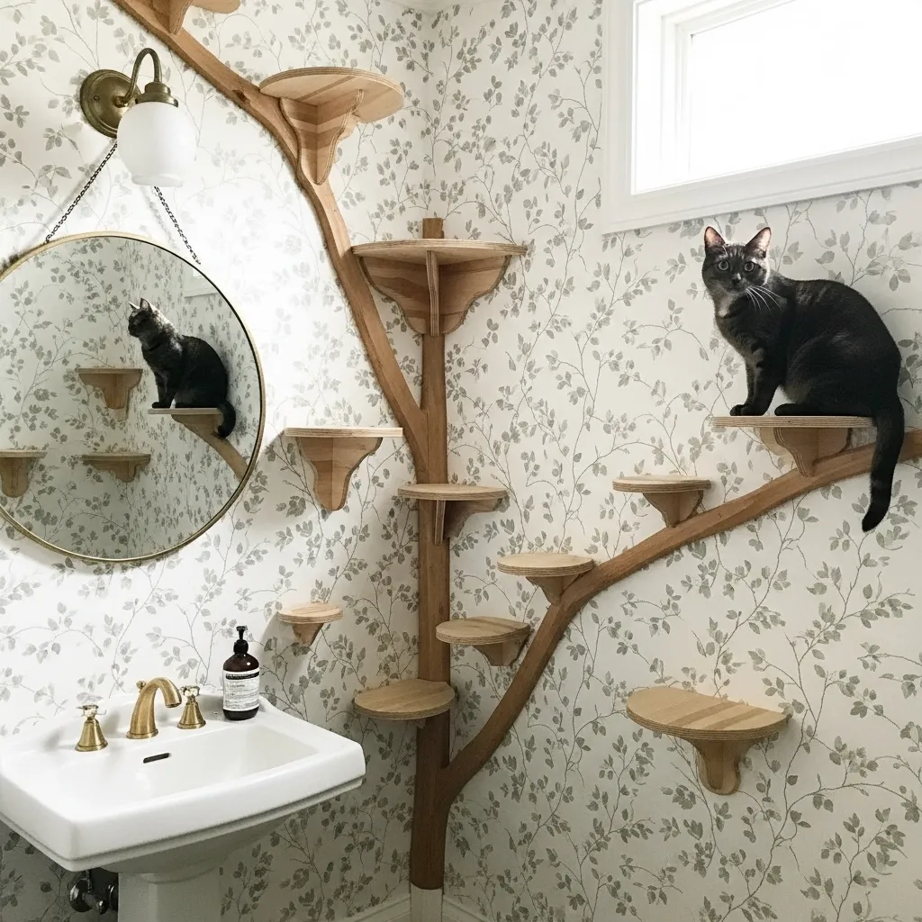 Cat bathroom makeover with tree-branch wallpaper and integrated climbing shelves