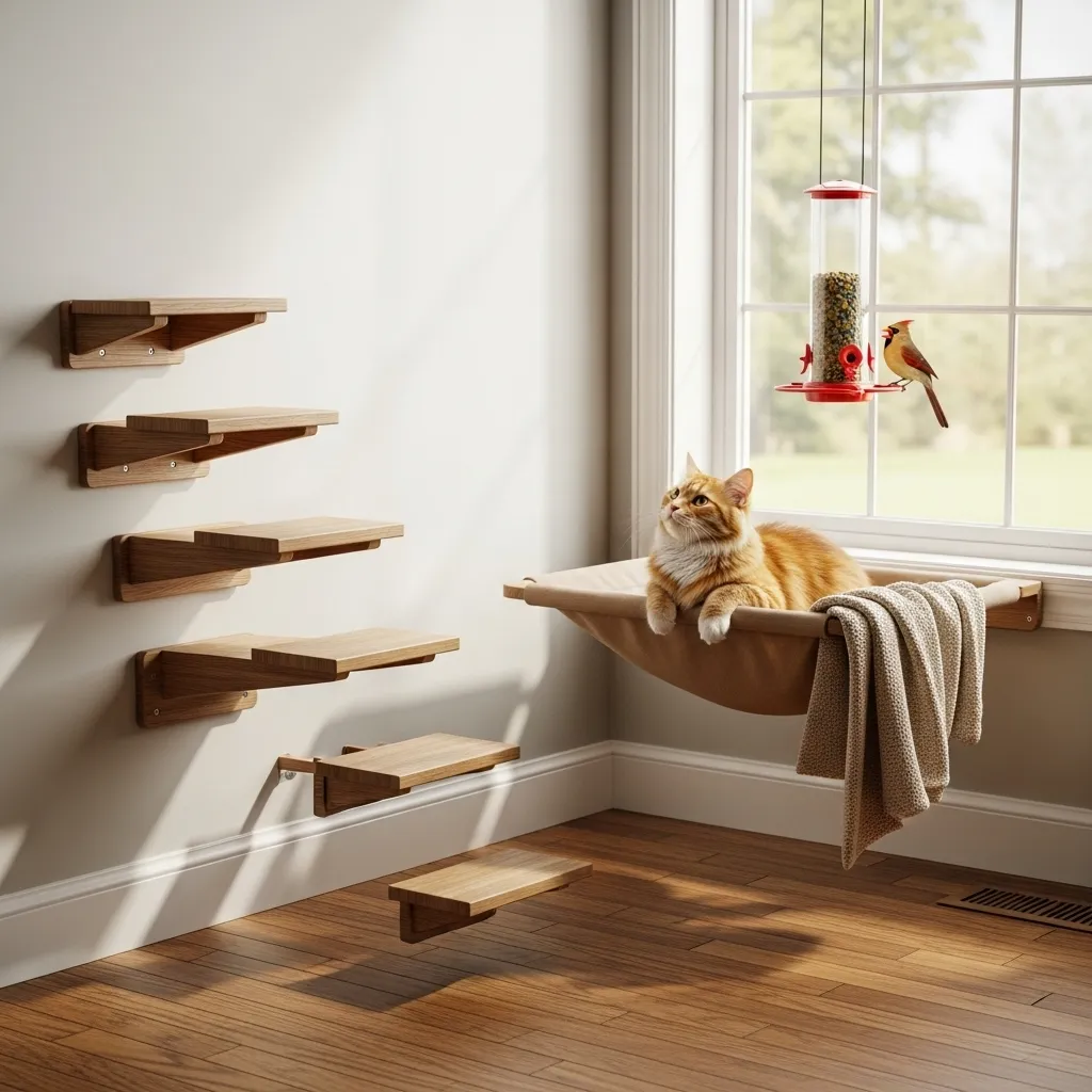 Cat wall steps leading to window perch in bathroom makeover
