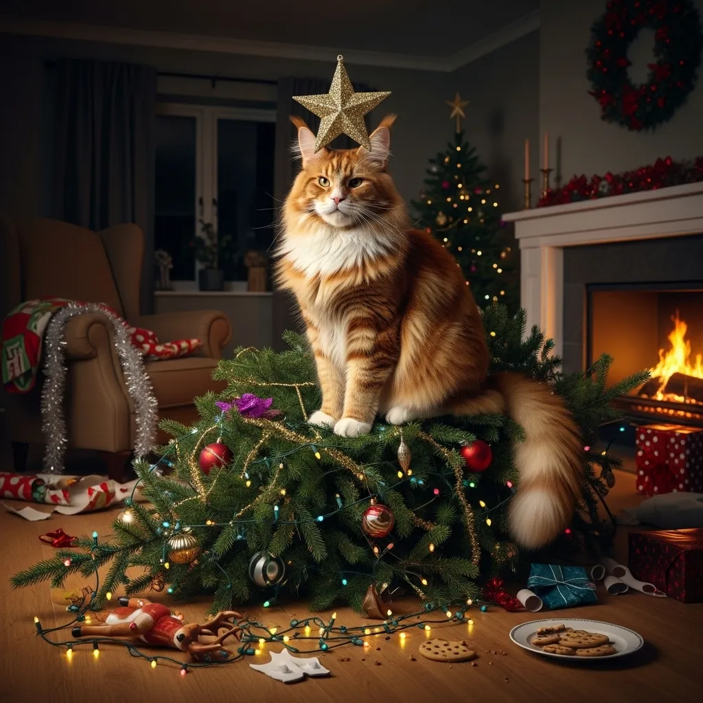 cat christmas tree meme 2025 Kevin the Maine Coon viral