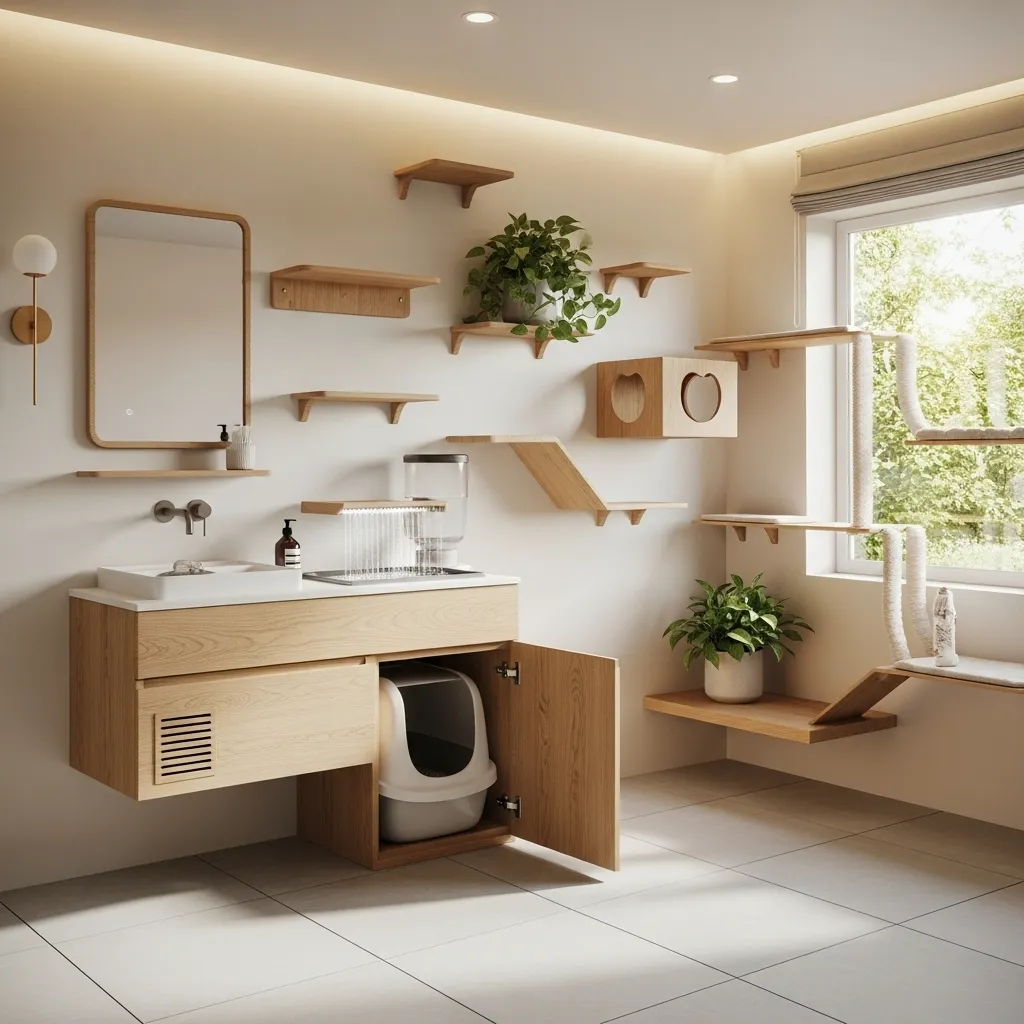 Modern cat-friendly bathroom makeover with hidden litter box and climbing shelves
