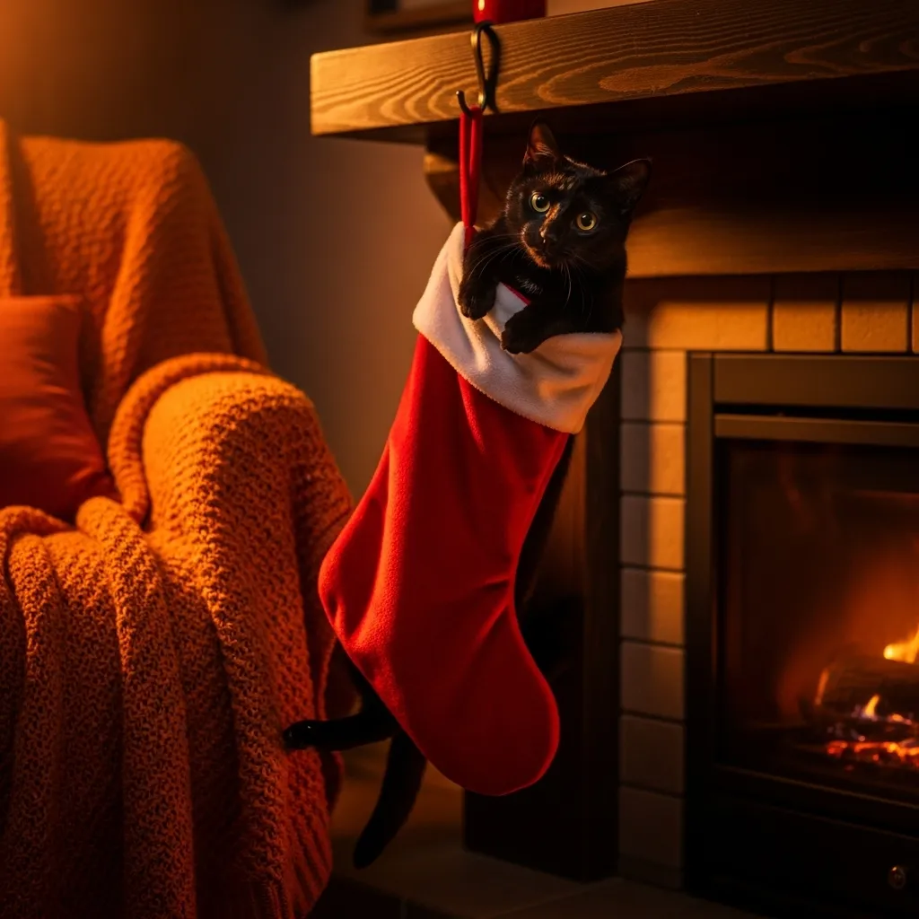 cute holiday cat meme - cat in christmas stocking fireplace 2025