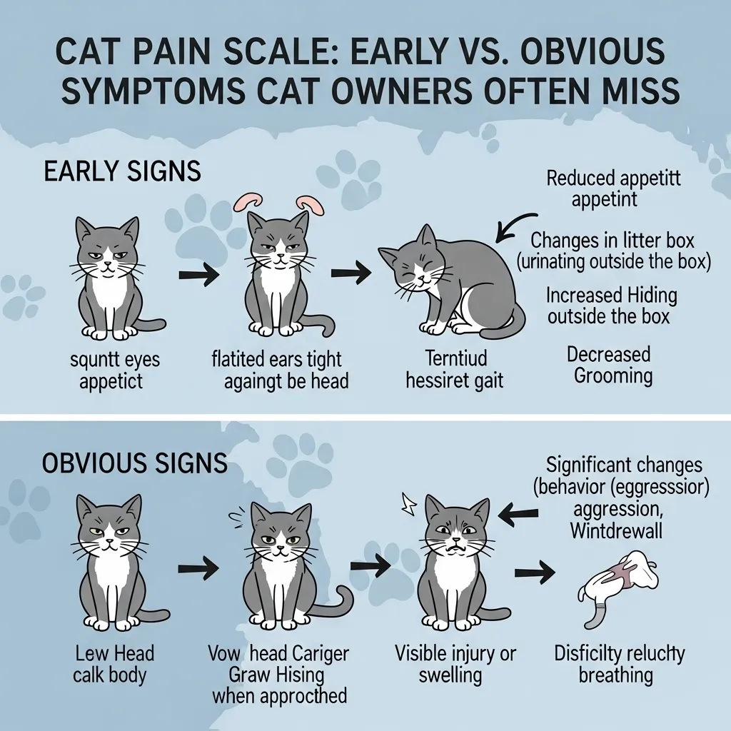 Cat pain scale showing early vs. obvious symptoms cat owners often miss