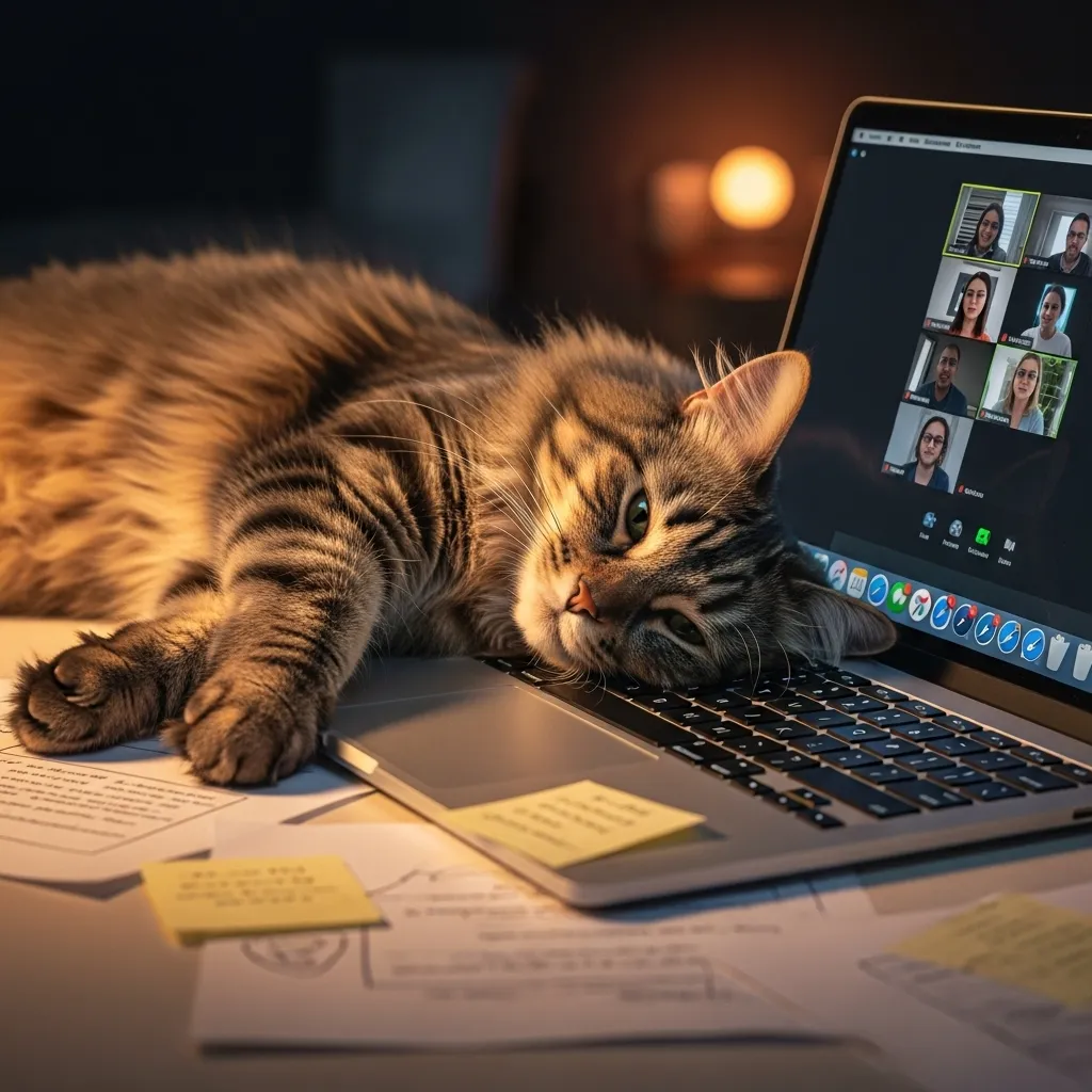 cat on laptop meme 2025 – tabby cat blocking Zoom call during remote work
