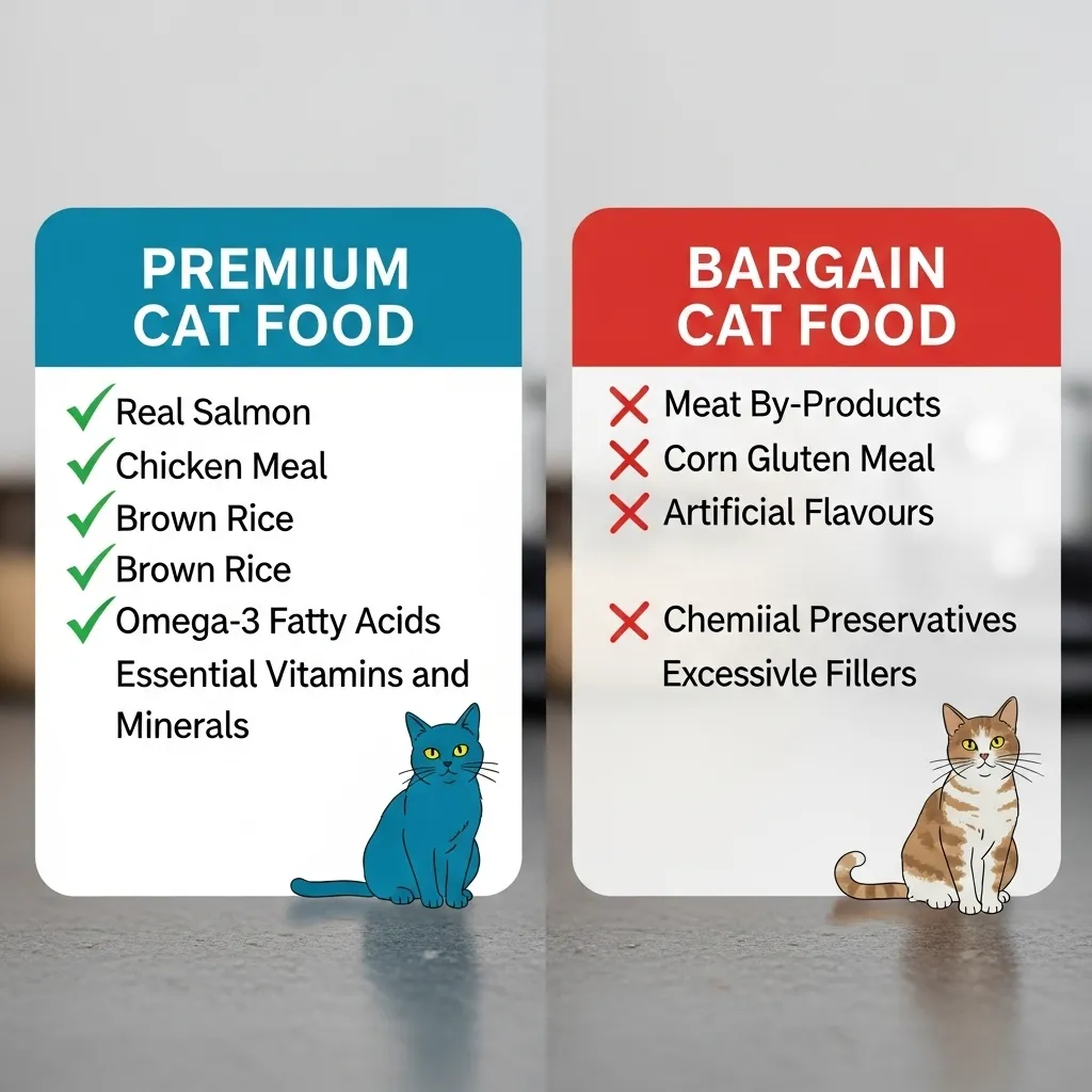 Cat food ingredient labels side-by-side showing what to look for