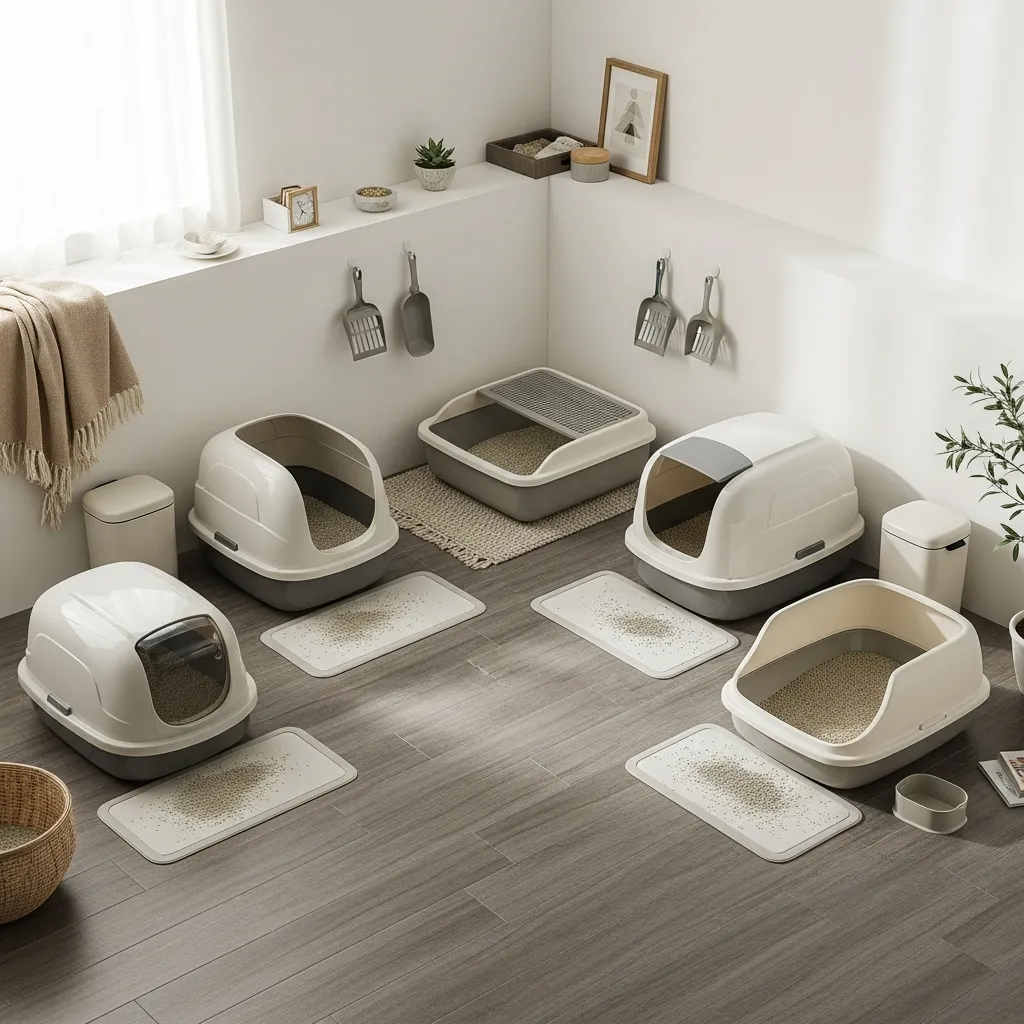 Multiple litter boxes placed in quiet corners showing proper cat bathroom setup