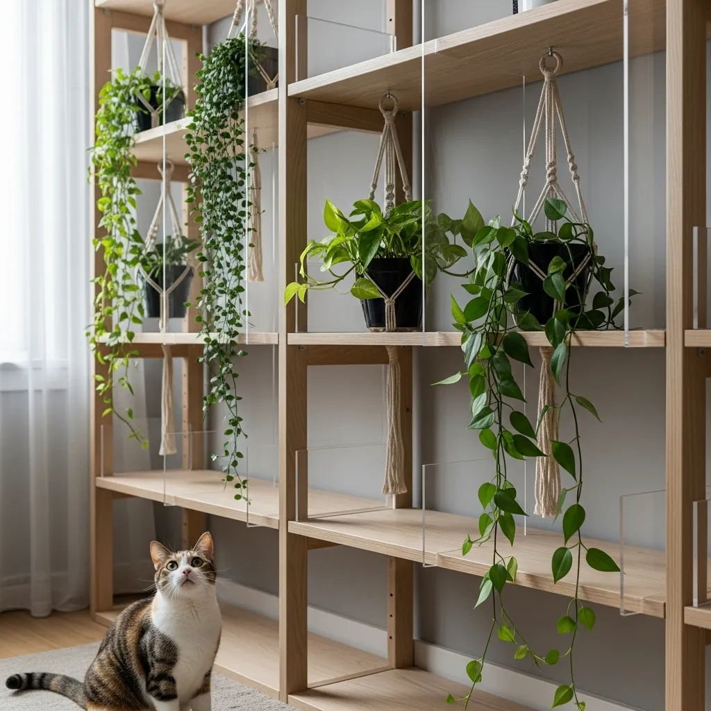 Cat-proof plant display using invisible acrylic guards and hanging planters