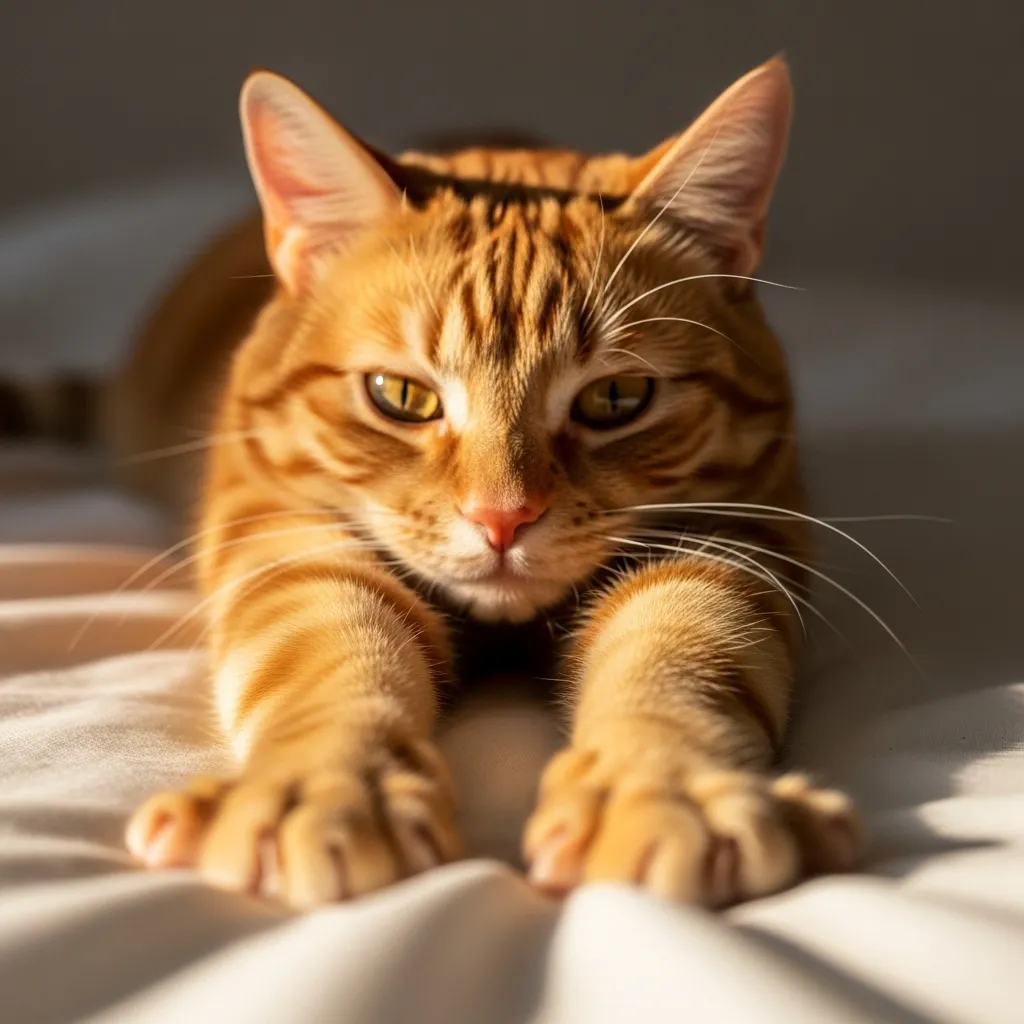 cat stretching meme 2025 viral ginger tabby morning stretch on bed
